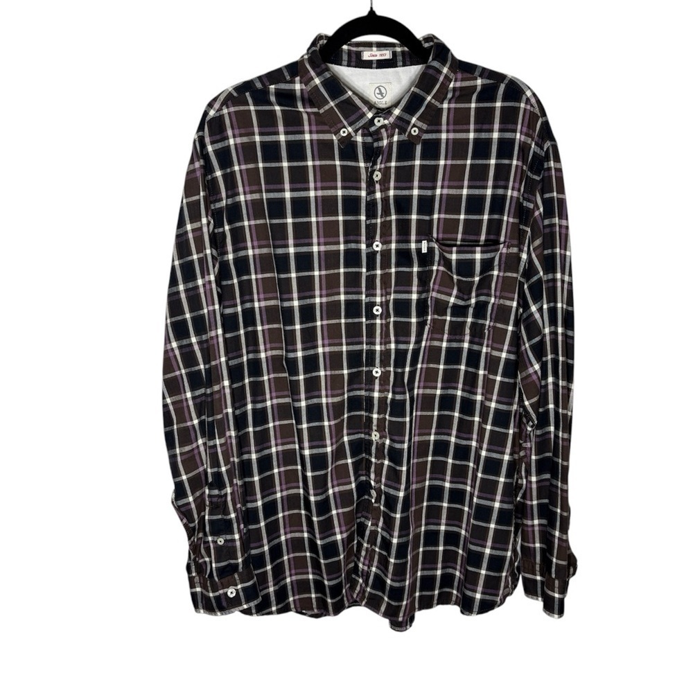 Aigle Dark Brown Purple Plaid Organic Cotton Button Front Long Sleeve Shirt sXL